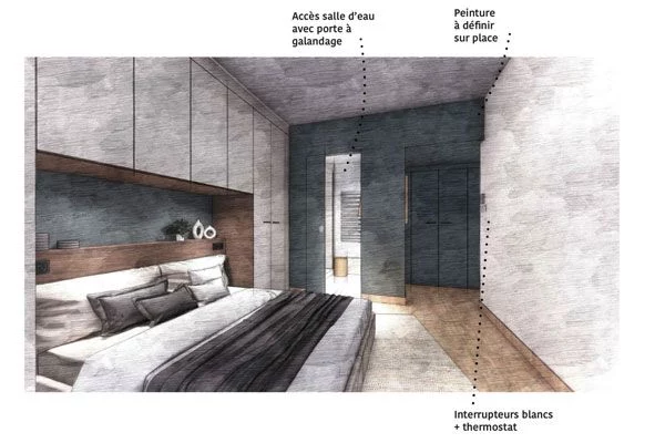 Esquisse d’une chambre avec annotations
