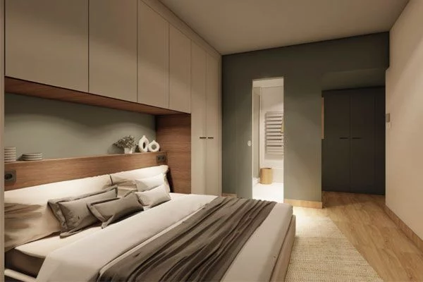 Vue 3D d’une chambre avec tête de lit en bois